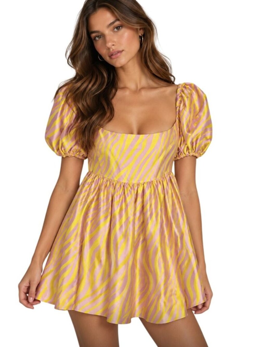 AZEEZA Kam Silk Puff Sleeve Empire Waist Mini Dress Pink Yellow Zebra Homecoming